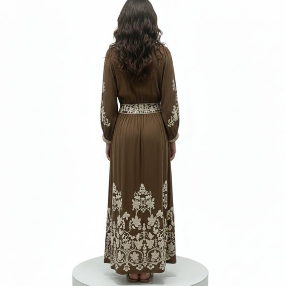 Max Studio Flowy Maxi Dress Brown White Floral Embroidery Festival Bohemian M - Picture 6 of 9